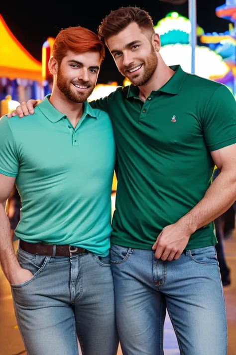 photo-realistic. a tall, muscular, handsome, 24-year-old jock, with orange hair, stubble, and green eyes, wearing a teal, graphi...