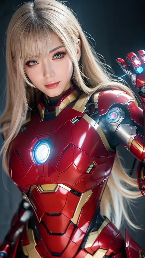 Textured skin, Super Detail, high details, High quality, Best Quality, hight resolution, 1080p, hard disk, Beautiful,(Iron Girl),(Superheroine),beautiful cyborg woman,Mecha Cyborg Girl,Battle Mode,Girl with a Mecha Body,She wears an Iron Man mech,fullllbod...