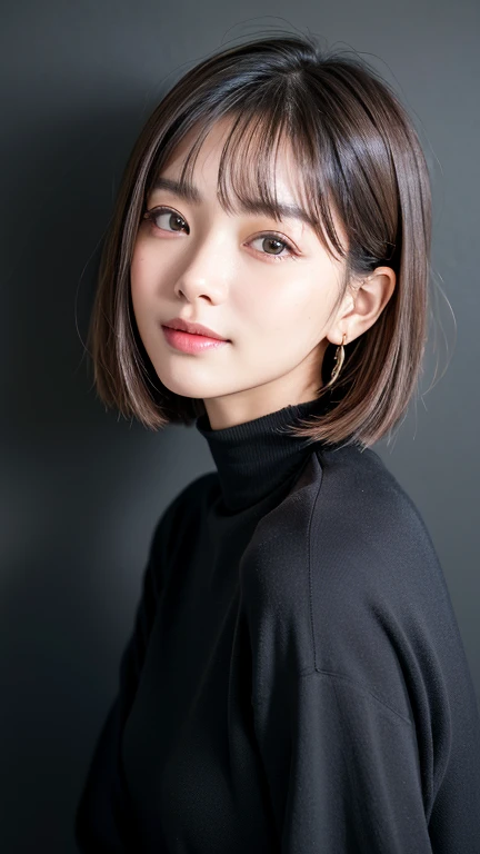 (((close-up of face)))、(((absolutely shoulder-length brown straight short bob)))、(((she is posing like a hair salon model, with ...