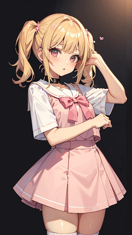 Gyaru teenage girl, short blonde hair with pigtails, soft pink school outfit with short skirt, cute