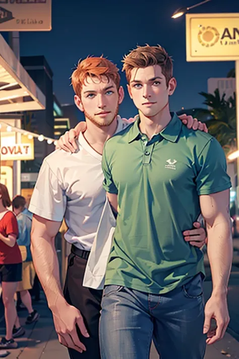 photo-realistic. a tall, muscular, handsome, 24-year-old jock, with orange hair, stubble, and green eyes, wearing a teal, graphi...