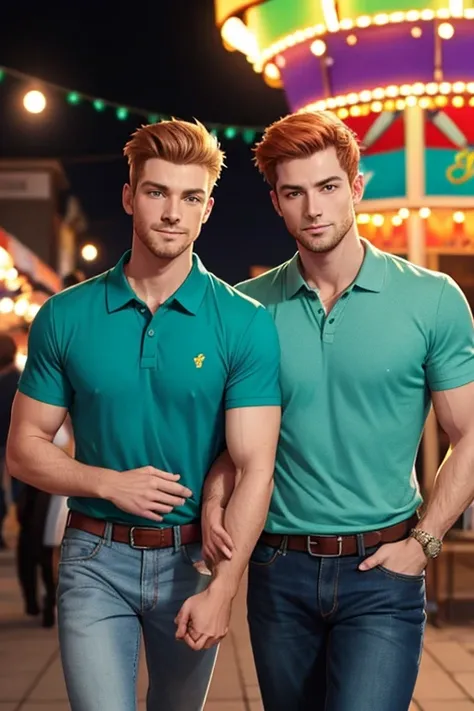 photo-realistic. a tall, muscular, handsome, 24-year-old jock, with orange hair, stubble, and green eyes, wearing a teal, graphi...