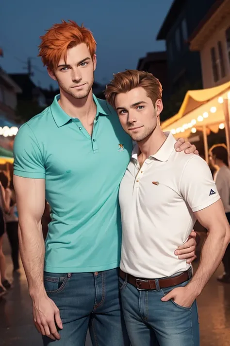 photo-realistic. a tall, muscular, handsome, 24-year-old jock, with orange hair, stubble, and green eyes, wearing a teal, graphi...