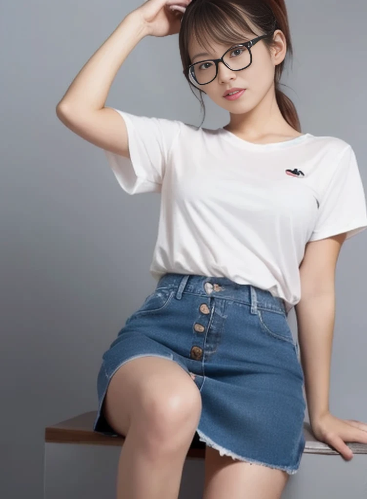 Japanese woman, 8k, masterpiece, highest quality, Super detailed, textured skin, 1girl, solo, sexy pose, short ponytail, low ponytail, red-framed glasses, denim skirt, white T-shirt, simple background, medium shot,