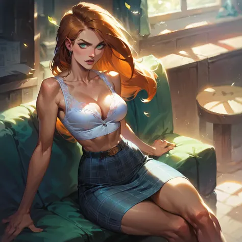 score_9, score_8_up, score_7_up, score_6_up, score_5_up, (high quality, detailed, beautiful), detailed soft lighting, rating_safe, 1girl, Kim Possible, (sitting in class:1.5), sexy plaid skirt, white blouse, cleavage.