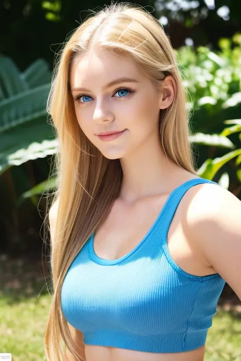 masterpiece, best quality, beautiful, woman, 22years old, hands behind, Curvy Body, chuckle, long hair, blonde hair, Double eyelids Eyes, Blue Eyes, Glassy Eyes, looking at viewer, Natural Eyebrows, Pointed Nose, Glossy Mouth, tank top, short pants, Dimple...