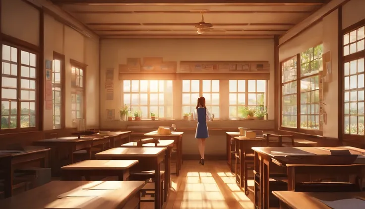 Inside a high school classroom after school、Draw realistic pictures like photographs。
window where the setting sun shines through、Desk and chair、Carefully drawing props such as blackboards。
A high school girl watching the sunset by the window、High school b...