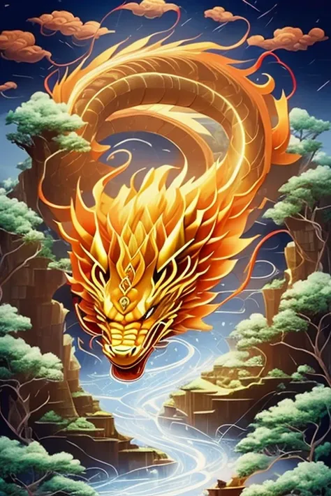 so sublime and divine々a beautiful golden dragon coiled up in the center of the screen, glaring at the camera.。金色のthe dragon is幸せ...