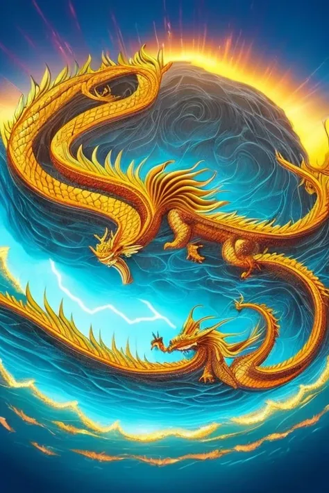 so sublime and divine々a beautiful golden dragon coiled up in the center of the screen, glaring at the camera.。金色のthe dragon is幸せ...