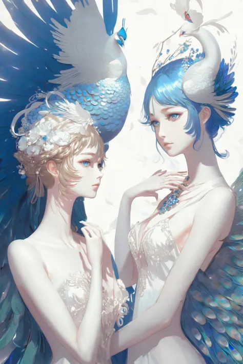 lesbian couple of peacock goddesses, bleu and white, elegant, romantic, cute moment of tenderness, a beautiful artwork illustration, artwork in the style of guweiz, anime fantasy illustration, digital art on pixiv, guweiz on pixiv artstation, beautiful gem...