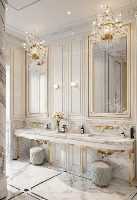 bathroom, luxury, white, high quality image, masterpiece, restroom toilet space, luxurious, aristocratic interior design, royal ...