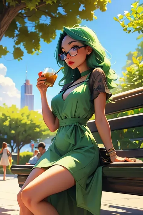 A green haired woman with violet eyes and glasses with an hourglass figure in a summer dress is drinking ice tea at the park 