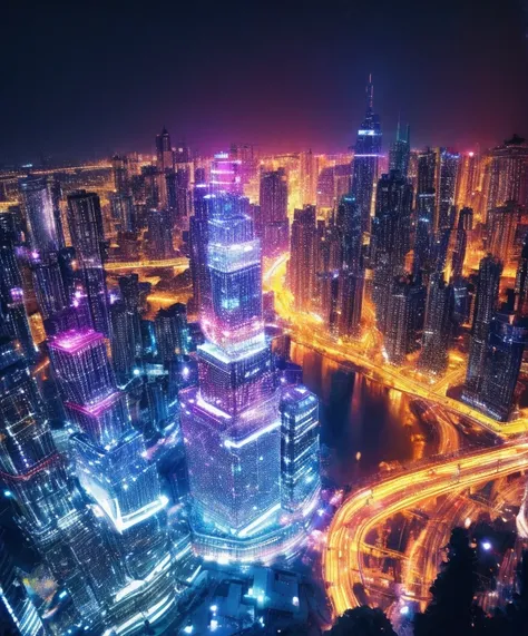 gorgeous atmosphere、 night view from a high place、drawing a large number of skyscrapers, you can see the starry sky、the neon lig...