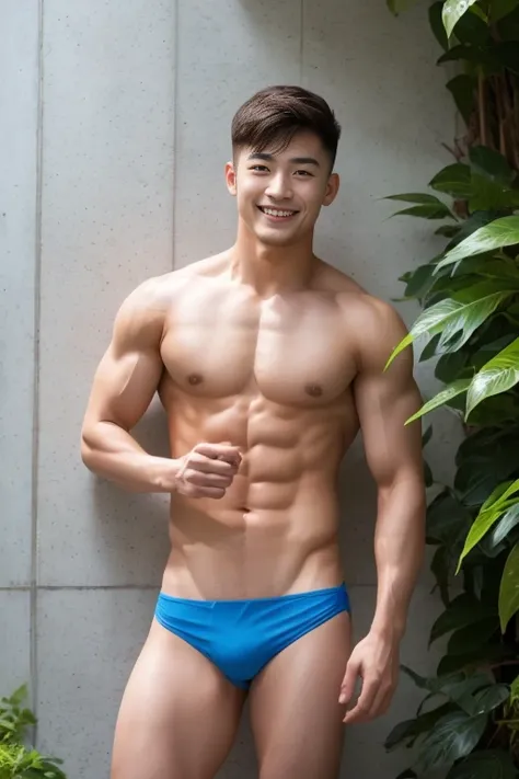 A handsome men ,20 age , Short Hair Hair, korea , Student，(((Wear a bikini...........................))),  front-view, lying, shirtless, lifted arms, spread legs, smile ,Pectoral muscles, Wide shoulders ,athlete , Full body,  Its raining: 1.3, High-rise bu...