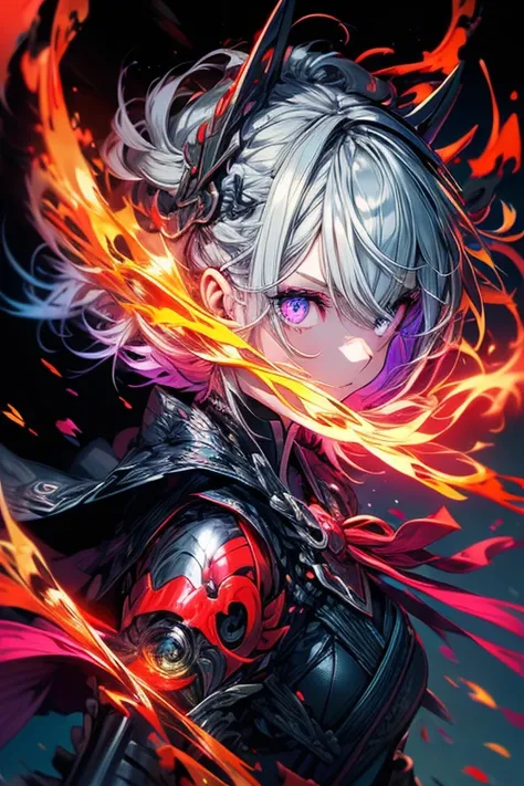 1girl,solo,cool,silver hair,upper body focus,perfect face,red eye,brilliant eye,vivid eye,dark except for the face,darkness,shadow,only shining eye,around flame,blaze