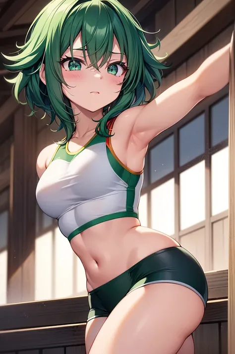 Craft a highly detailed, high-quality image featuring Izuku Midoriya as a girl with a shorter hairstyle, radiating confidence in a gym-ready ensemble. Visualize her with her trademark green hair now styled into a chic short cut, framing her face with effor...