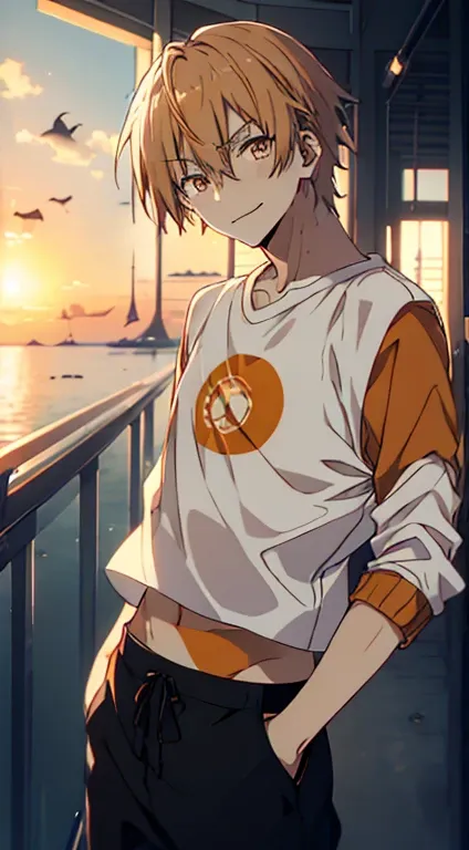 anime、Late 20s、Sunburn、Light brown hair、Orange Eyes、Old shirt、port、smile、friendly、(male)、Angle from below、White half-sleeve、Long baggy trousers、Beautiful views、Ocean、