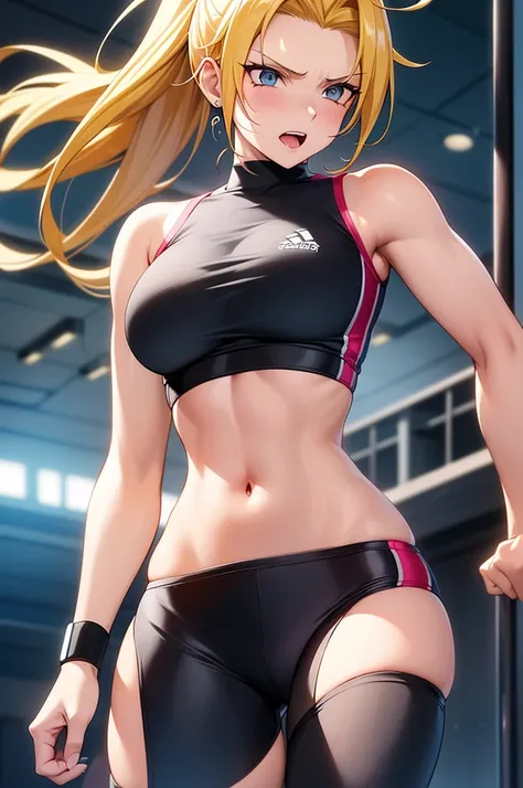 Create a highly detailed, high-quality image featuring Naruto transformed into a girl, exuding energy and determination in a sleek gym outfit. Visualize her with vibrant, spiky blonde hair styled in a dynamic yet feminine manner, reflecting her spirited pe...