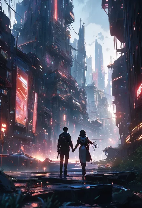 sci-fi, cityscape with tall buildings, no other humans, scenic, scenery, masterpiece, Cinematic Lighting, best quality, Illustration, BREAK couple standing, holding hands