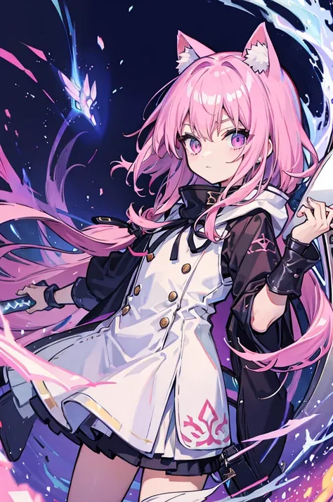 assassins pure-white costume with cat-shaped-hood and pink-frill,hyper cute shota,big rune knife in hand,black-long-hair,small young cute shota,hyper frilly assassin,