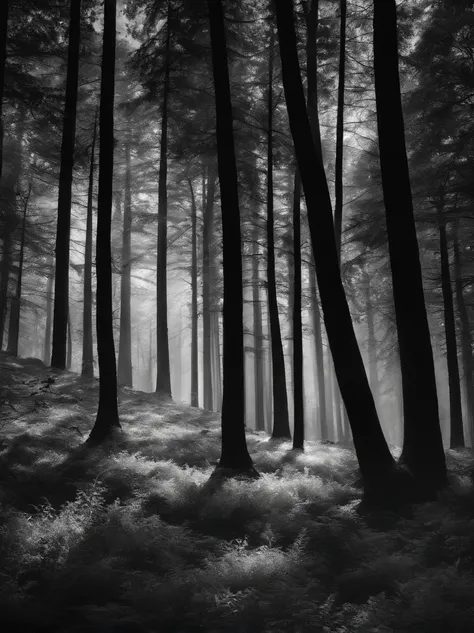 a beautiful black and white forest with a meadow, detailed landscape, dramatic lighting, cinematic composition, high contrast, moody atmosphere, muted colors, serene, peaceful, tranquil, intricate details, volumetric lighting, dramatic shadows, cinematic f...