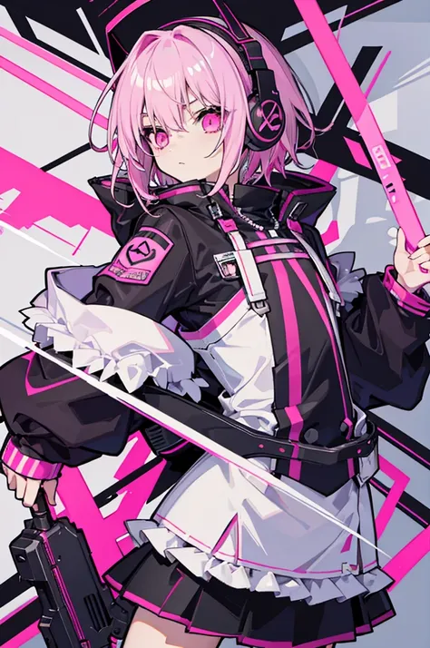 hyper cute shota wearing black pink assassin uniform,white bob hair,pink frill clothes,headphone,gun in the hand,