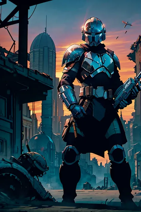 A battle-hardened Mandalorian warrior, adorned in tattered and weathered armor, standing amidst the ruins of a once-great civilization, their helmet reflecting the glow of a distant star,Star Wars,science fiction,noir,higher quality.better edition,nice col...