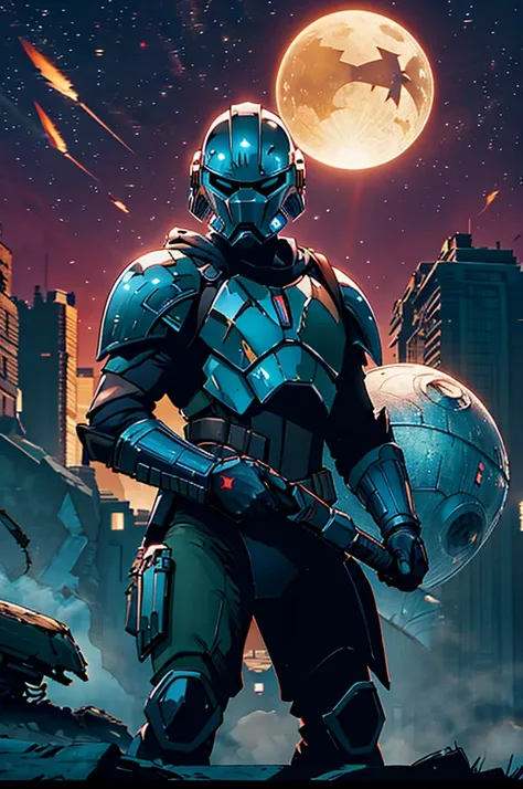 A battle-hardened Mandalorian warrior, adorned in tattered and weathered armor, standing amidst the ruins of a once-great civilization, their helmet reflecting the glow of a distant star,Star Wars,science fiction,noir,higher quality.better edition,nice col...