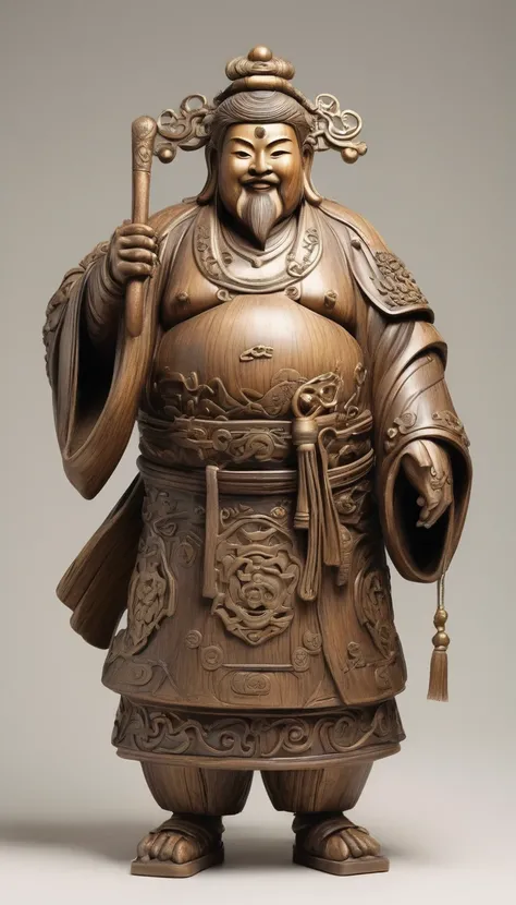 Illustration of a wooden carving of a god。Facing forward。looking at the camera：1.5. General Characteristics：Chibi Characters、Are fat：2.0、Belly button sticking out、Metabolic、
Facial Features:
The man&#39;s face is smiling、His eyes look like he&#39;s smiling...