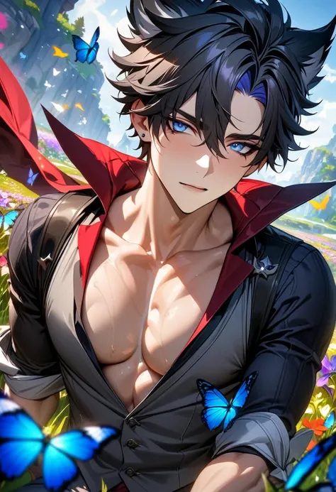 absurdres, highres, ultra detailed, HDR, master piece, best quality, perfect face, Wriothesley, black hair, expressive blue eyes, Genshin Impact, solo, sexy man, handsome, toned chest, sensual, erotic, gray vest, black shirt, red cape, a field full of beau...