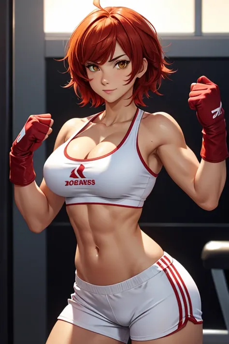 girl, red hair, short hair, medium hair, yellow eyes, athletic body, cleavage, muscular, white shirt, smilling, sure, fighter, gloves, brown skintone, thick brows, ahoge, gym shorts, messy hair, tanned skin,