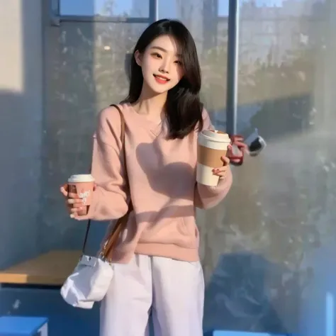 there is a woman holding a cup of coffee and a cell phone, casual clothing style, xintong chen, korean womens fashion model, young and cute girl, a cute young woman, sha xi, sakimichan, dilraba dilmurat, inspired by Ma Yuanyu, ulzzang, wearing a pastel pin...