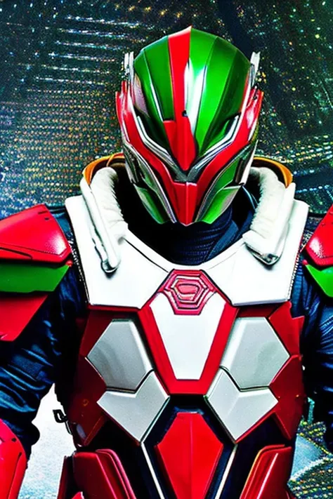 Image of a Kamen Rider-like cyborg, a Japanese special effects hero, wearing a full-face cyber helmet and highly mobile armor, posing in the center of the screen.