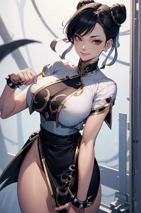 chun li,, work of art, tight white secretary shirt with black tie, black high waist skirt, short skirt, short hair, black hair, black tights,evil smile
