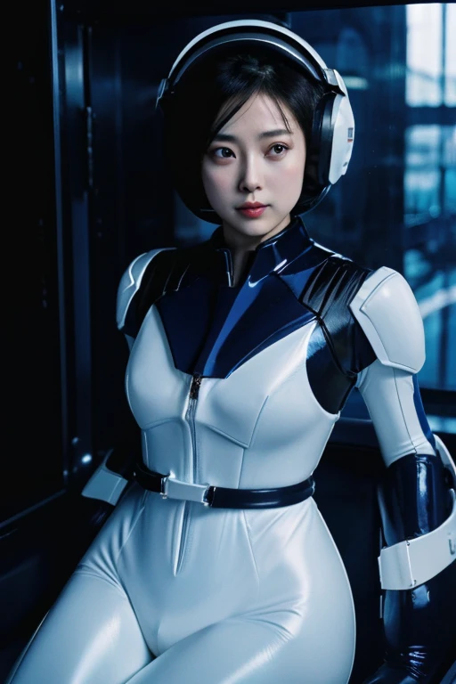 Beautiful woman、A tight-fitting spacesuit、Hanger、plump、Zero gravity space、Gundam、Normal Suit、Realistic、masterpiece、4K resolution、Shiny white latex、Slim glasses in the frame、Hold the helmet in your right hand、belt、short hair、Inside the spaceship、Adult femal...