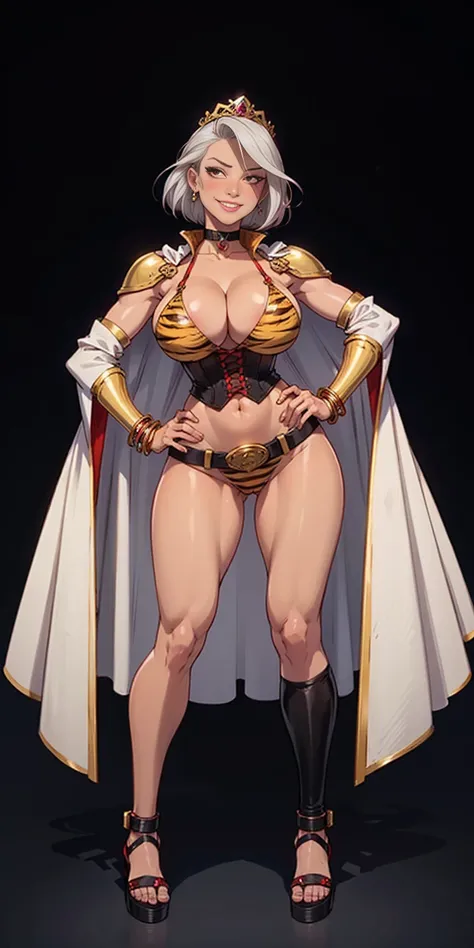 ((BLACK BACKGROUND 1:2, masterpiece)) 1solo female full body MILF BIMBO standing straight symmetrical with two long thighs, red eyes like rubies, eye focus looking to the viewer, silver white hair, short bob style hair, big knockers breastplate, breastplat...