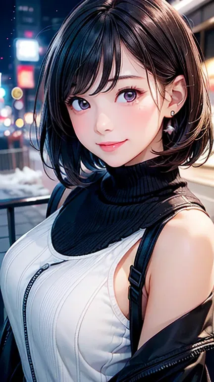 (Close-up of a woman)、Depiction of the upper body、30-year-old woman、smile、short hair、Blushing、(slightly open your lipasterpiece、High resolution、16k))、Cute winter clothes、Late night love hotel district、neon