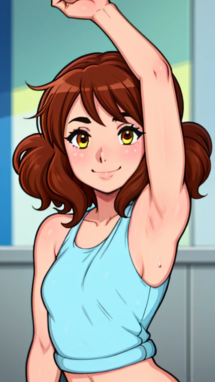 masterpiece, best quality, looking at viewer, upper body, portrait, looking at viewer, seductive smile, put your hands behind your head, armpits, armpits visible, sweaty armpits, kumiko, very small breasts, brown hair, wearing tanktop, no bra