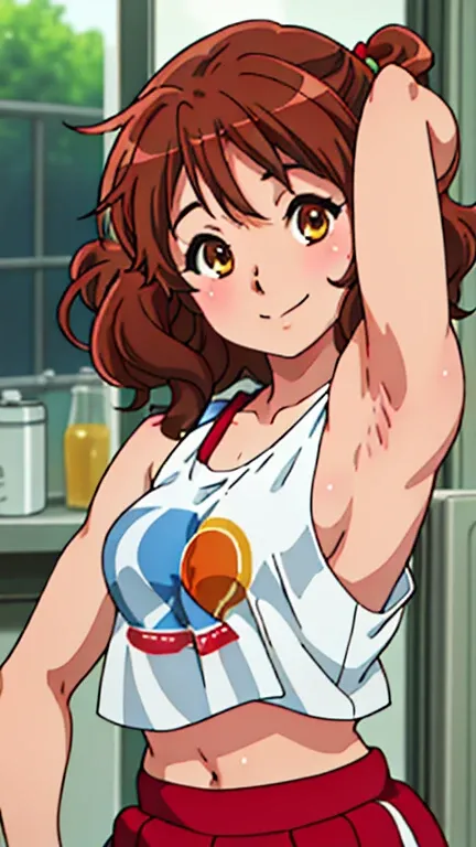 masterpiece, best quality, looking at viewer, upper body, portrait, looking at viewer, seductive smile, put your hands behind your head, armpits, armpits visible, sweaty armpits, kumiko, very small breasts, brown hair, wearing tanktop, no bra