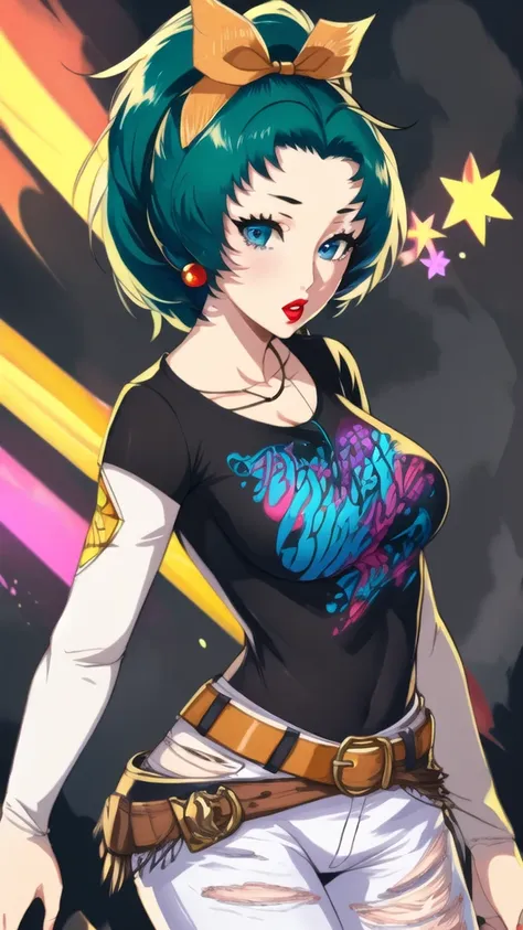 tina branford, 1girl, solo, black t-shirt, white shirt, blue jeans, belt, lipstick, large breasts, layered sleeves, green hair, hair ribbon, earrings