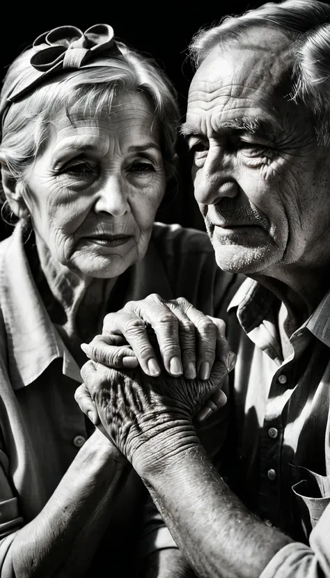 a couple, old man and old woman, sitting together close, black and white photo, realistic, detailed faces, wrinkled skin, weathered hands, warm lighting, dramatic shadows, intimate moment, timeless, nostalgic, film grain, high contrast, monochrome, soft fo...