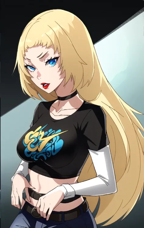 terra_dccartoon,  long blonde hair, 1girl, solo, black t-shirt, white shirt, blue jeans, belt, lipstick, large breasts, layered ...