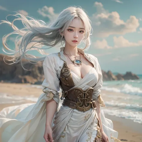 (masterpiece:1.3), (8k, Realistic, RAW Photos, Best image quality: 1.4), Fair-skinned fairy woman、Long Hair、Cleavage:2.0、Highly detailed face、Attention to detail、double eyelid、Chest to chest、Sharp focus:1.2、Beautiful woman:1.4、Silvery white hair、highest qu...