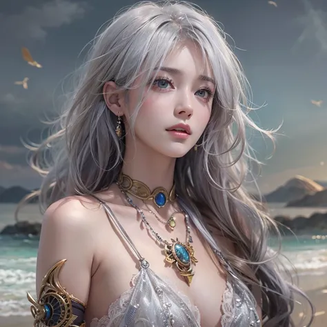 (masterpiece:1.3), (8k, Realistic, RAW Photos, Best image quality: 1.4), Fair-skinned fairy woman、Long Hair、Cleavage:2.0、Highly detailed face、Attention to detail、double eyelid、Chest to chest、Sharp focus:1.2、Beautiful woman:1.4、Silvery white hair、highest qu...