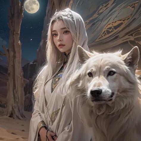 (highest quality、masterpiece、8k、Best image quality、Ultra-high resolution、Award-winning works)、A beautiful white-haired woman watches over us from afar in the desert.., Where the moonlight shines.、Ancient Islamic clothing、Beautiful face drawn in every detai...