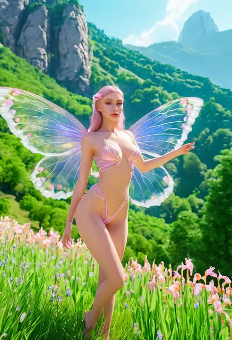 Butterfly，Transparent wings，Female body，Human female limbs，Fusion，Extradimensional creatures，full-body shot，pink，Perfect eyes, Perfect iris，Perfect lips，White skin，The background is a mountain with green trees，Flowers，4K Ultra HD, Ultra-high resolution, (l...