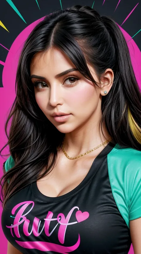 Cute cute vector | Vector Kim Kardashian for t-shirt design, pink, blue, yellow, green, clean and black background.