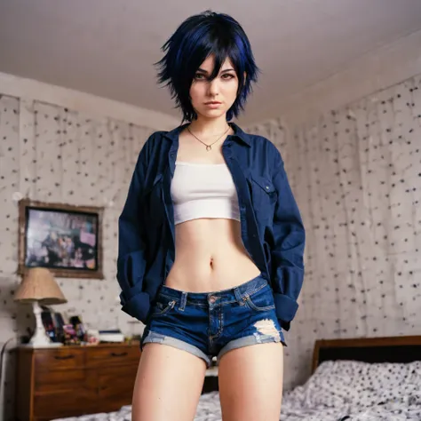 best quality, sad girl wears unbuttoned shirt, ((looking at viewer)), dark blue hair, black eyes, very short hair, spiky hair, ahoge, small panties, 171cm, messy hair, hair between eyes, flat breasts, plump, pale skin, tomboy, adult, 20 years old, 1girl, s...