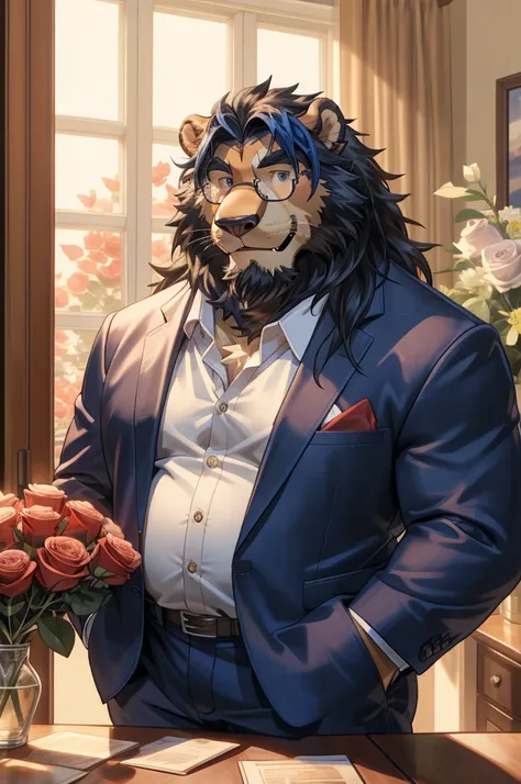 old chubby lion, accessory, anthro, glasses, (dark blue long hair:1.3), seductive look, bedroom eyes, smirk, looking at viewer, facial hair, inside, indoors, entering house, bouquet, clothing, countershading, flower, rose bouquet,holding bouquet, holding f...