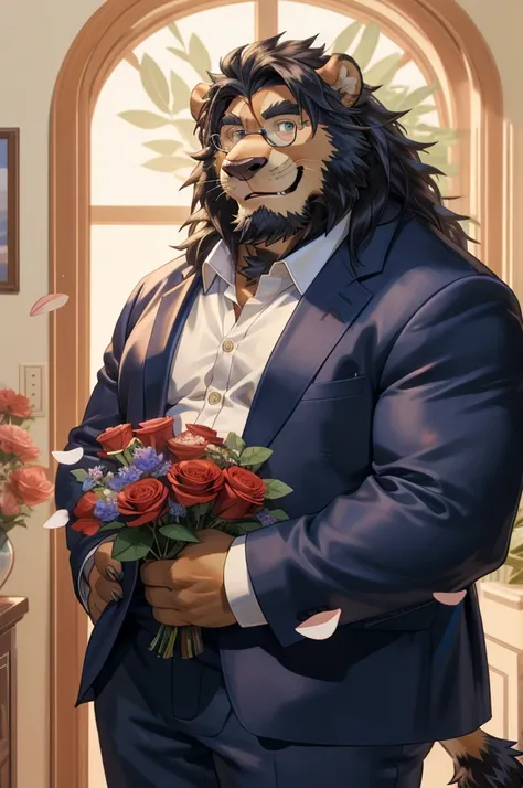 old chubby lion, accessory, anthro, glasses, (dark blue long hair:1.3), seductive look, bedroom eyes, smirk, looking at viewer, facial hair, inside, indoors, entering house, bouquet, clothing, countershading, flower, rose bouquet,holding bouquet, holding f...